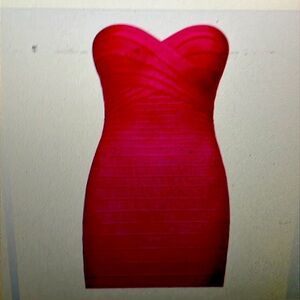 Strapless red mini cocktail dress.